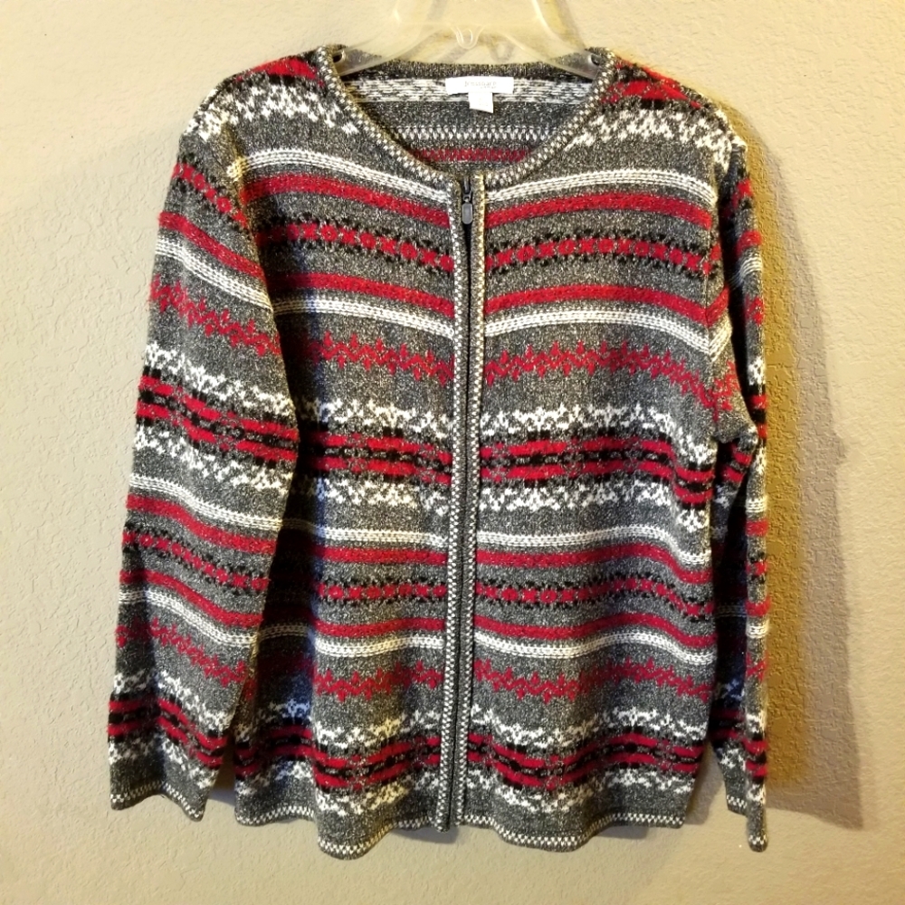 Dressbarn Womens Gray/Red/White Fair Isle Long‎ Sleeve Zip Up Sweater Size 1X